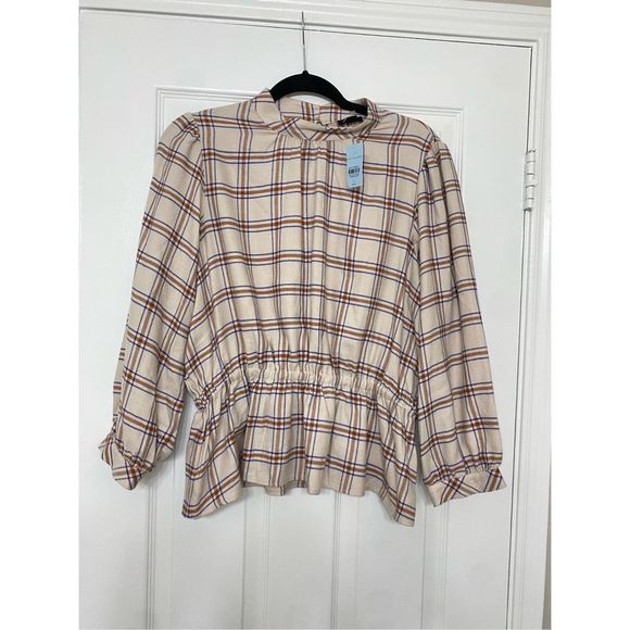 ANN TAYLOR NWT Soft Tan Plaid Gathered Waist Pullover Flannel TOP, Size Large P - Picture 2 of 10